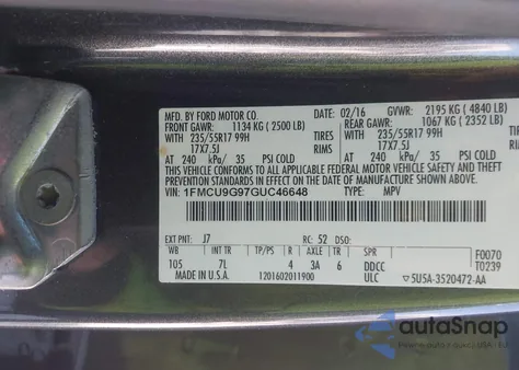 2016 Ford Escape Se from USA, damaged, VIN 1FMCU9G97GUC46648
